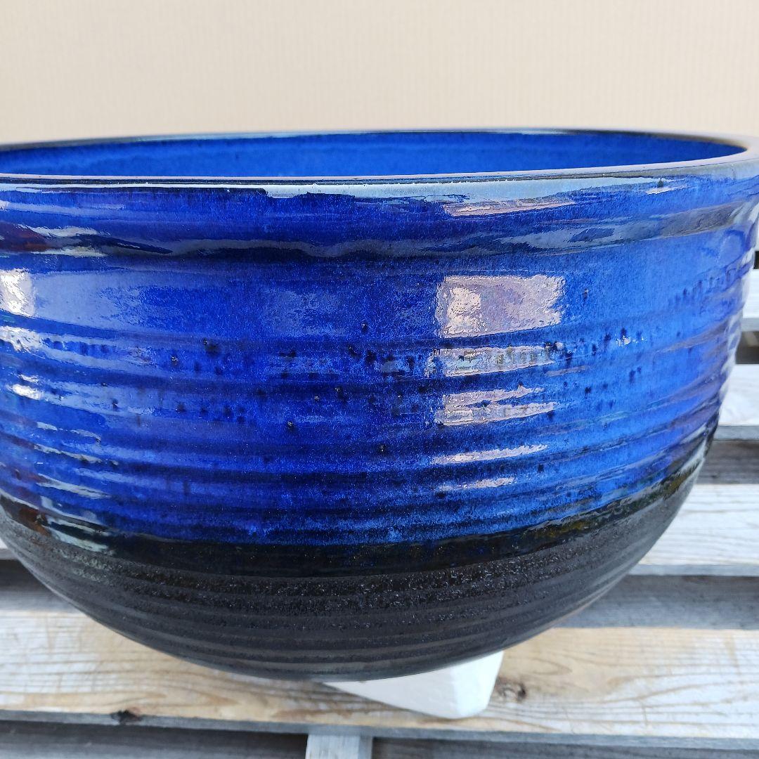 新品　∅51　特大　陶器　睡蓮鉢　手造り　メダカ鉢　難有　ラピスブルー　青LDB