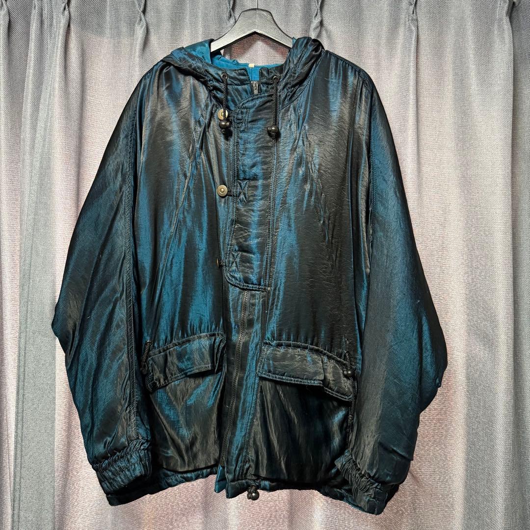 【美品】ユーロビンテージ タマムシ色 ギミック フード付きパデッドコート