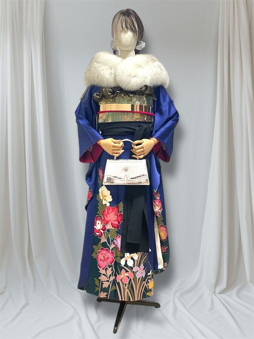 年末セール！振袖フルセット 高級SAGAFOXファー付き ブルー 手書き友禅