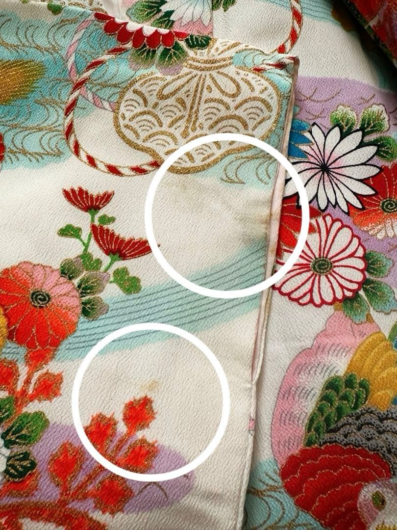 七五三 7歳 四つ身着物 レトロ柄 牡丹 鶴 金彩 美品