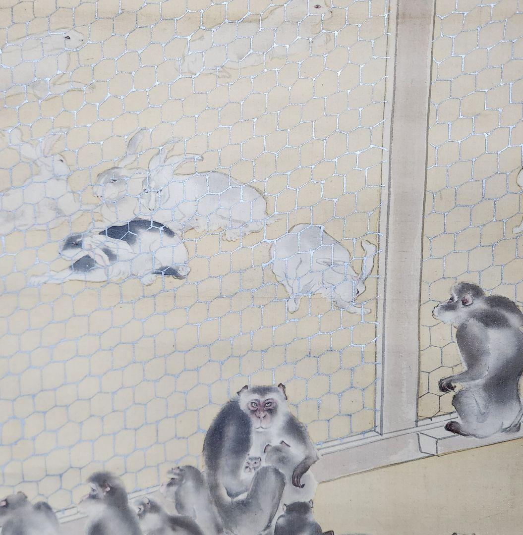 【群猿群兎図】谷口青興 2708 さるとうさぎ 動物園 掛け軸 肉筆