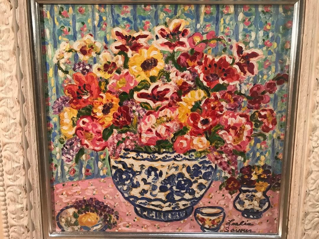 レスリー・セイヤー「ルーム・オブ・フラワーズ」ジークレー＋油彩４号　直筆サイン有