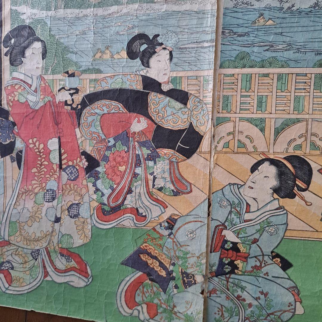 浮世絵版画　三代豊国　喜翁豊国　(優源氏郭遊覧)図　藍色版画　三枚続き　藍色極上