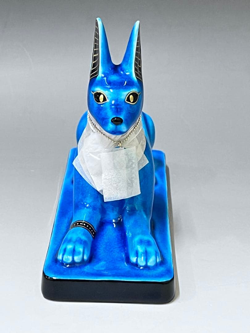 E329美濃焼　幸兵衛窯　青釉オーナメント　アヌビス　エジプト犬の神　アンク