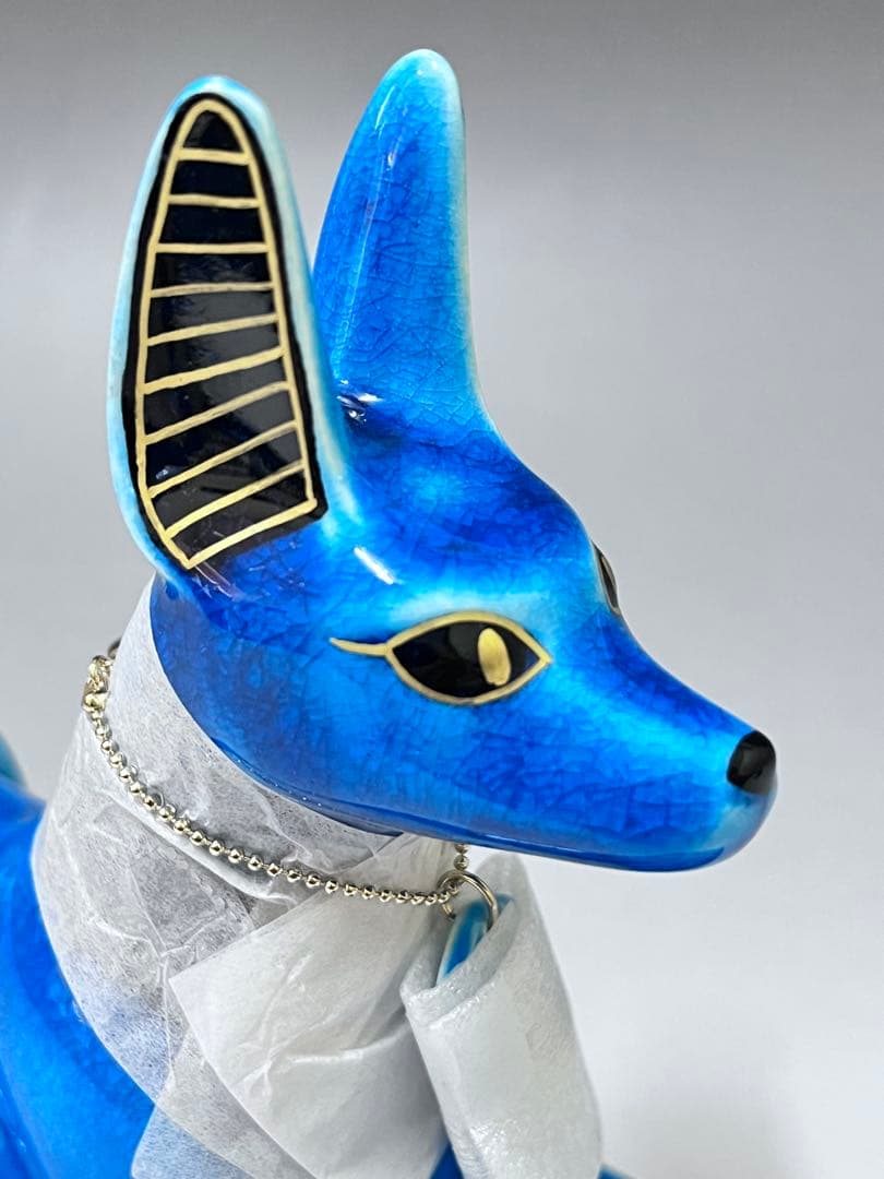 E329美濃焼　幸兵衛窯　青釉オーナメント　アヌビス　エジプト犬の神　アンク