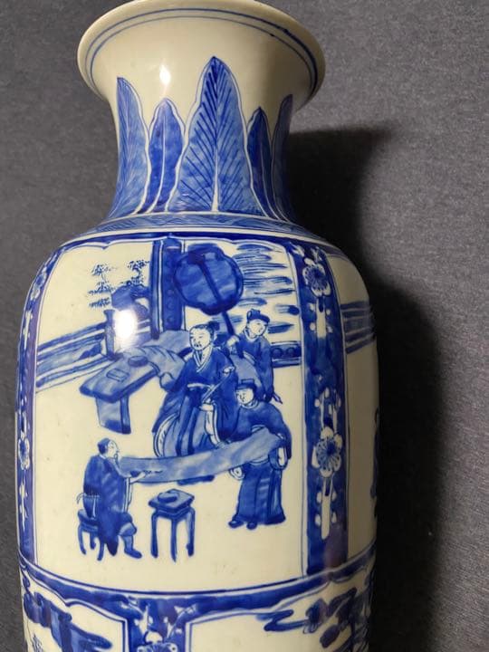 中国古美術 染付け　大清康煕年製　青花人物花瓶 39cm