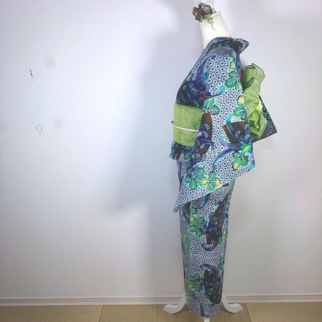 レトロ　レディース　浴衣　セット　身丈155cm　花柄　兵児帯　グリーン　新品