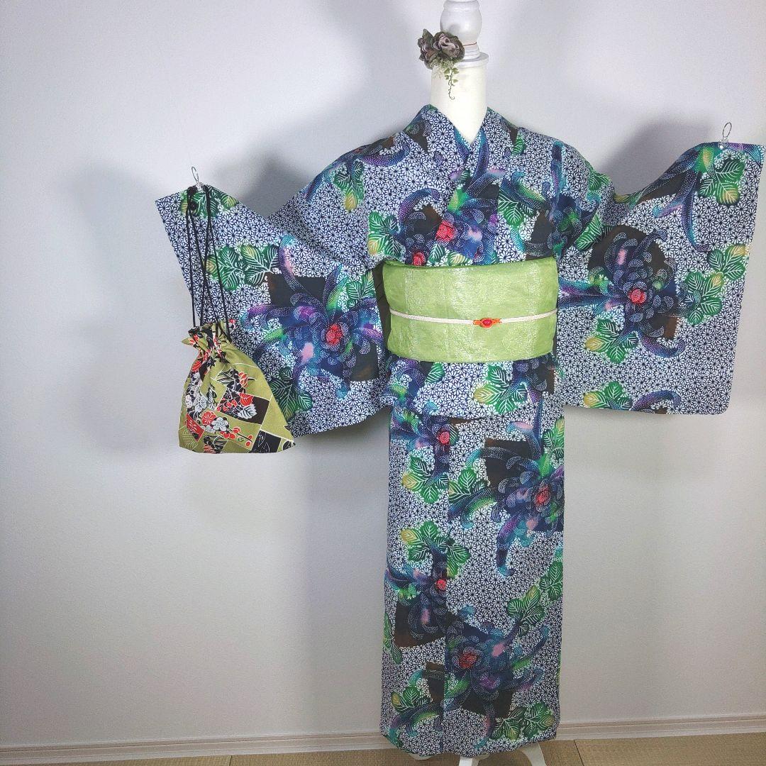 レトロ　レディース　浴衣　セット　身丈155cm　花柄　兵児帯　グリーン　新品