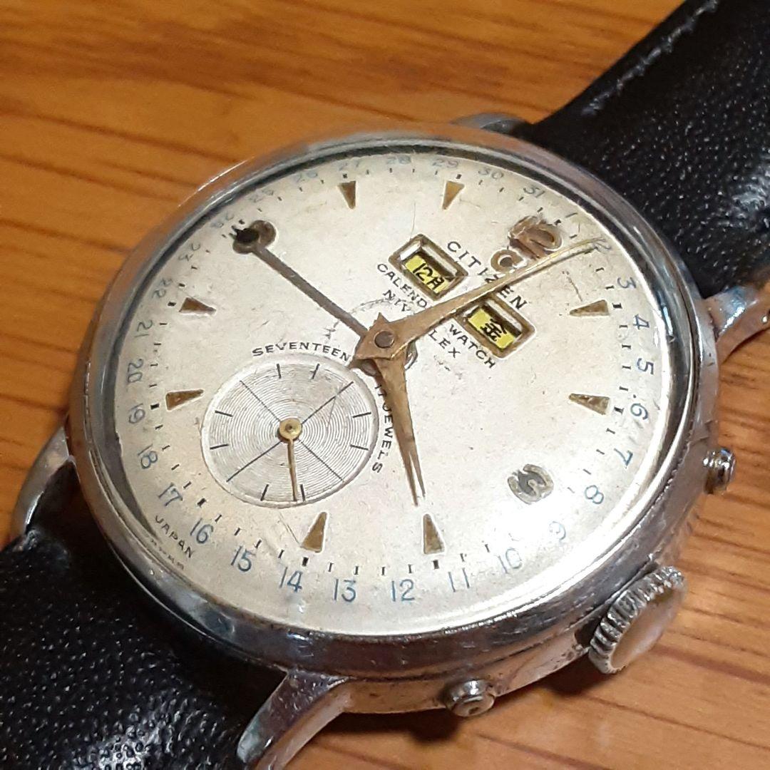 シチズン　国産初トリプルカレンダー 1950年代　手巻きメンズ腕時計　稼働品