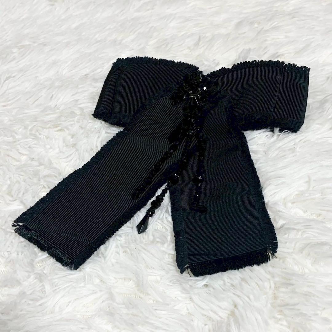 GUCCI　グッチ　グログラン　リボンブローチ　ビジュー　Beeロゴ　ブラック