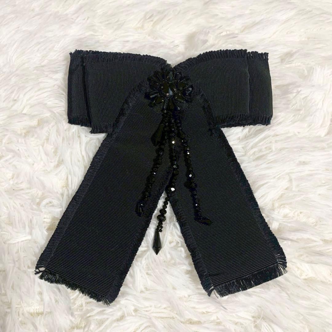 GUCCI　グッチ　グログラン　リボンブローチ　ビジュー　Beeロゴ　ブラック