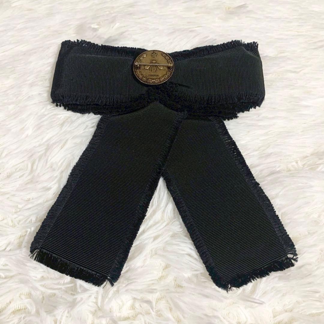 GUCCI　グッチ　グログラン　リボンブローチ　ビジュー　Beeロゴ　ブラック