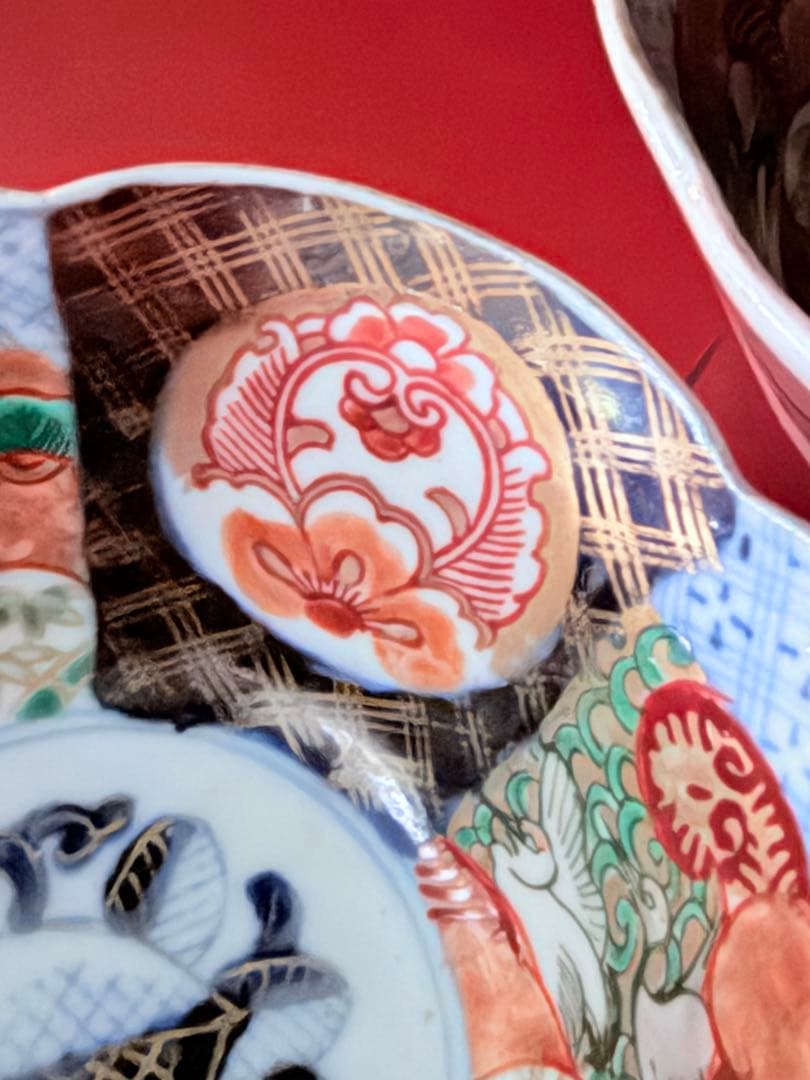 超限定価格‼️伊万里錦手向付おひたしにはこれ‼️桃手に鶴と竹六弁花在銘向付5客