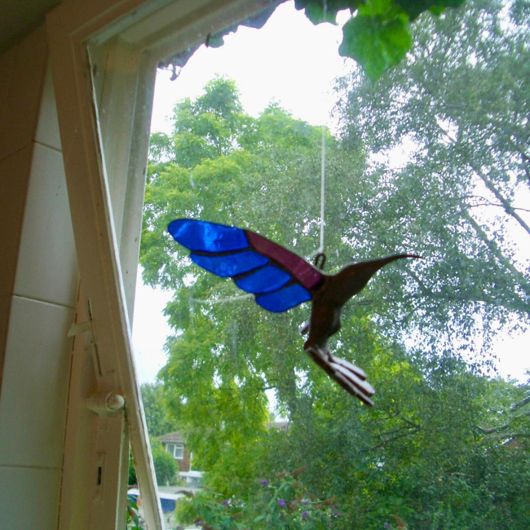 ヴィンテージ　ハチドリ　ハミングバード　アメリカ製　ステンドグラス　モビール　青