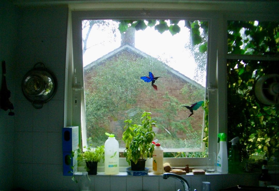 ヴィンテージ　ハチドリ　ハミングバード　アメリカ製　ステンドグラス　モビール　青