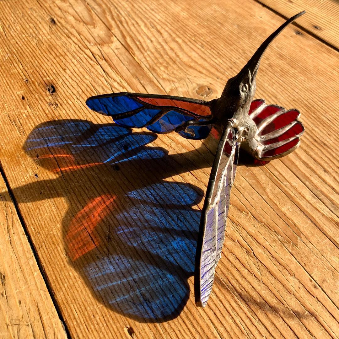 ヴィンテージ　ハチドリ　ハミングバード　アメリカ製　ステンドグラス　モビール　青