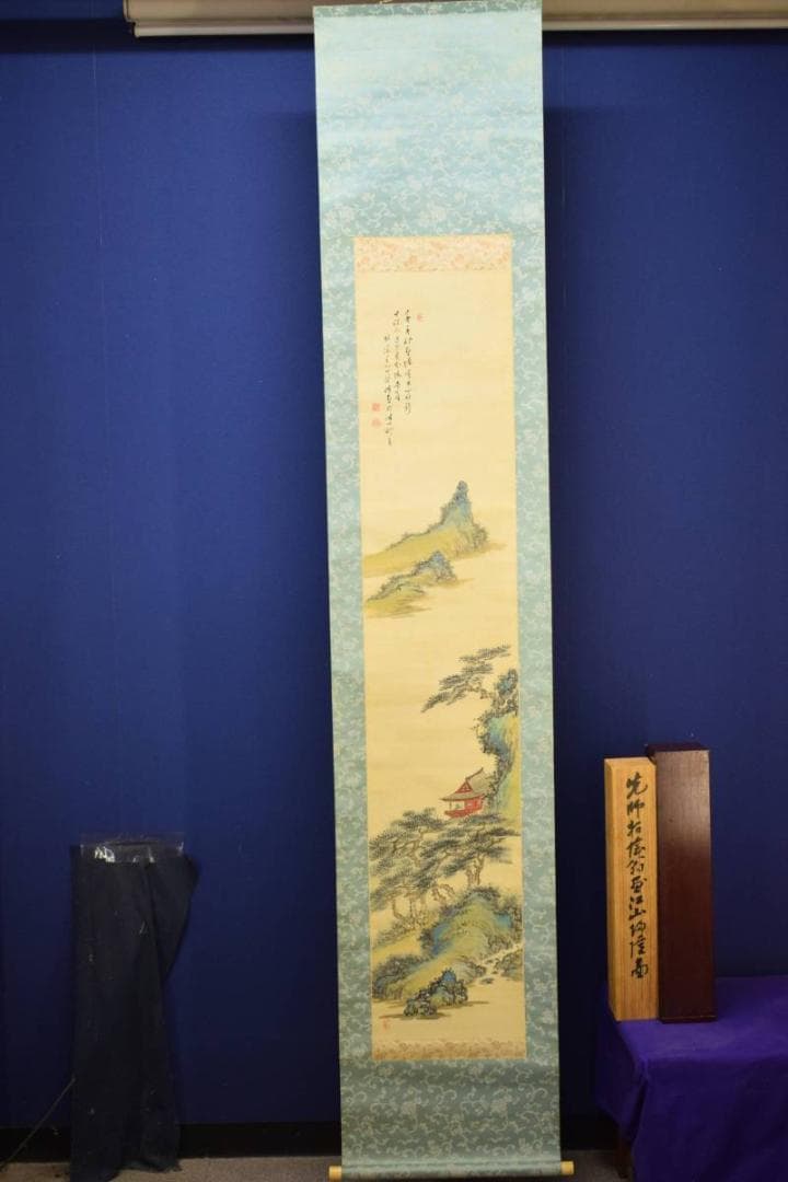 真作/田中柏陰/青緑山水画賛/絹表装/桐極箱二重箱付/布袋屋掛軸HE-244