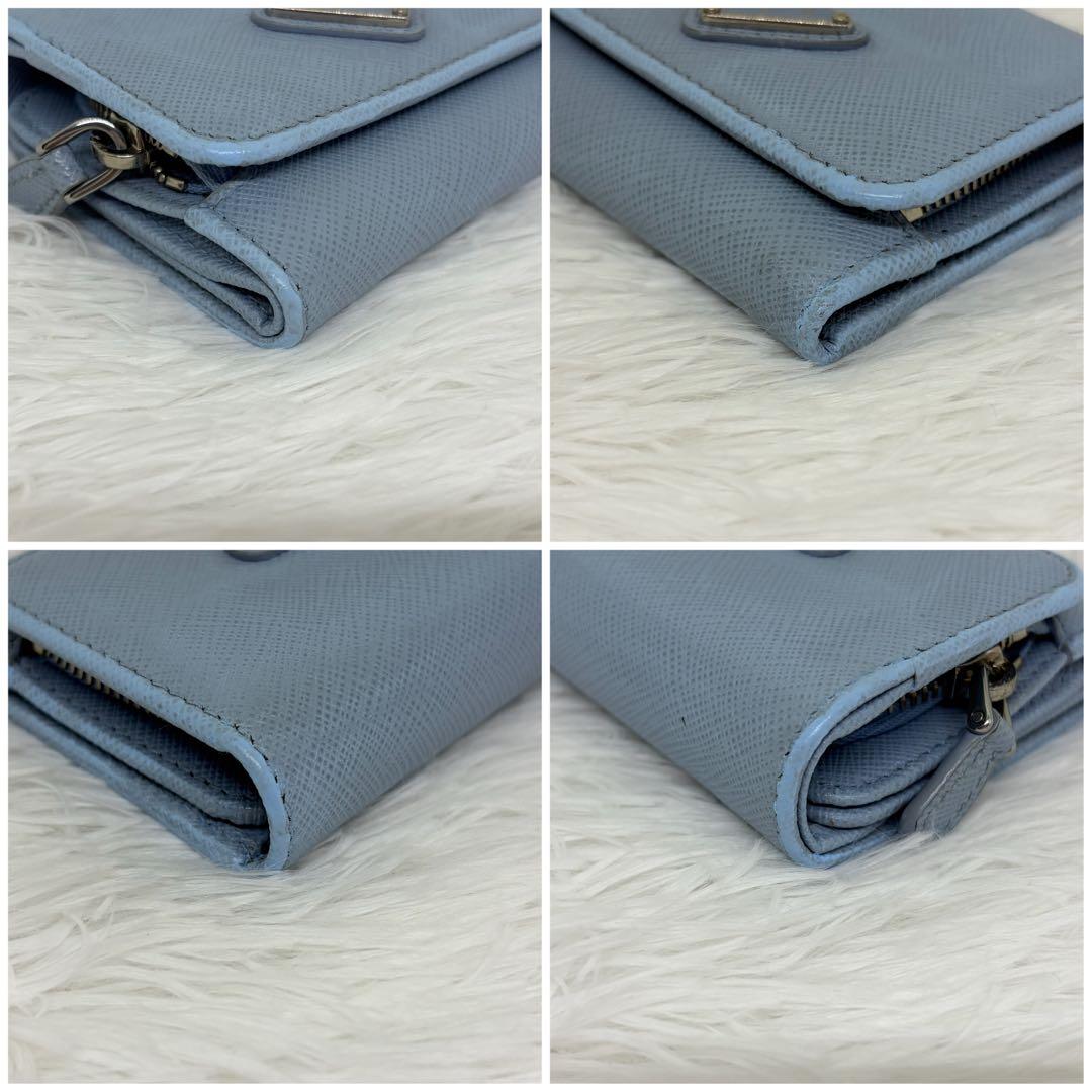 RFID搭載/美品✨プラダ 三つ折り財布 サフィアーノ 三角ロゴ レザー 水色