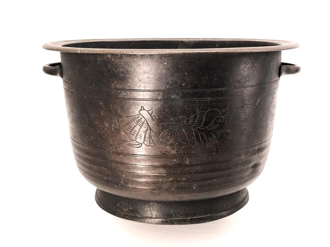 【 銅彫金手付香炉 25cm 】　貝藻文刻　清朝　中華古玩　　L1229A