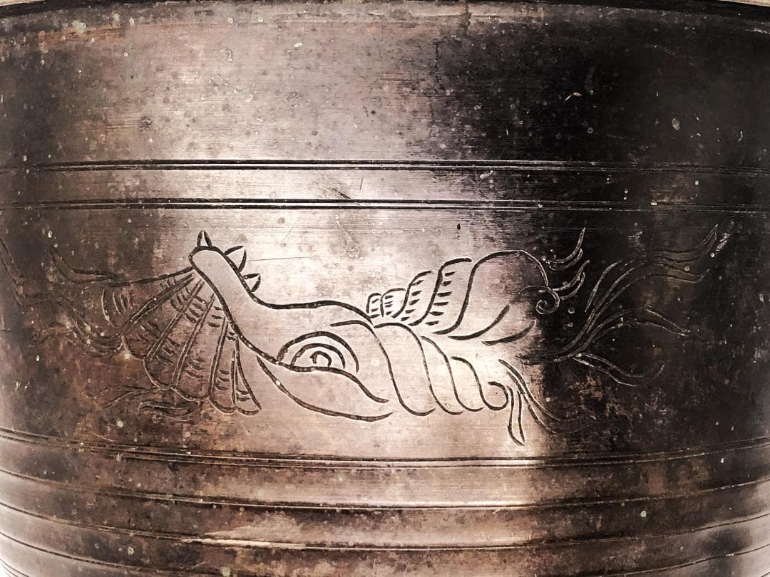 【 銅彫金手付香炉 25cm 】　貝藻文刻　清朝　中華古玩　　L1229A