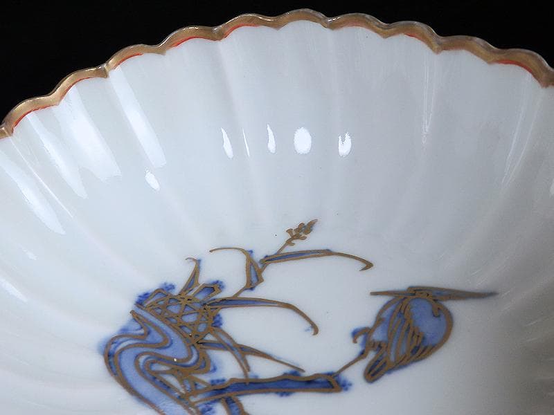 古伊万里　平戸　白磁　葦に鷺の図　輪花変形皿　５客　D950AS-BNx