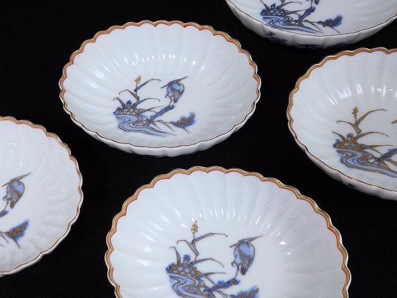 古伊万里　平戸　白磁　葦に鷺の図　輪花変形皿　５客　D950AS-BNx