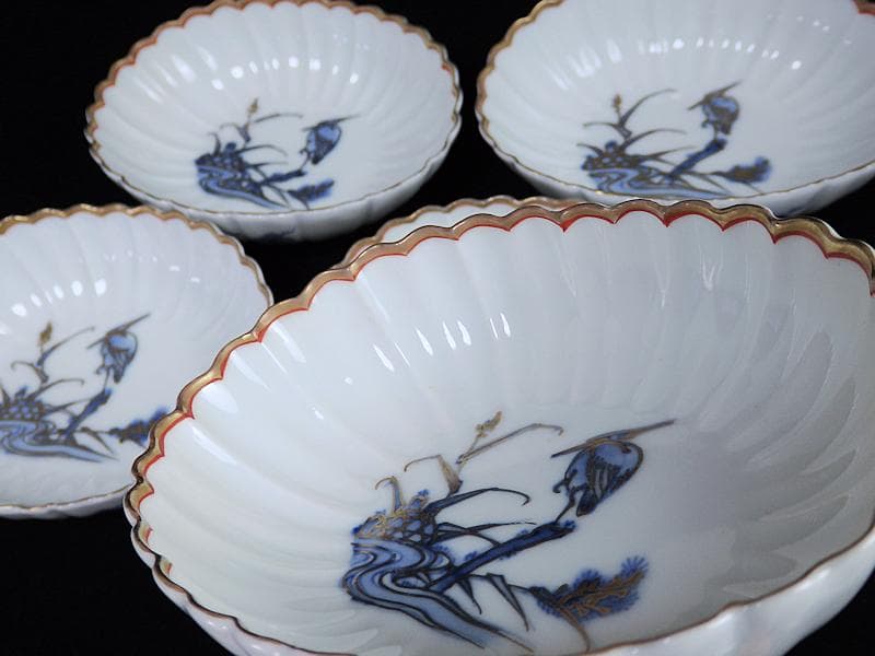 古伊万里　平戸　白磁　葦に鷺の図　輪花変形皿　５客　D950AS-BNx