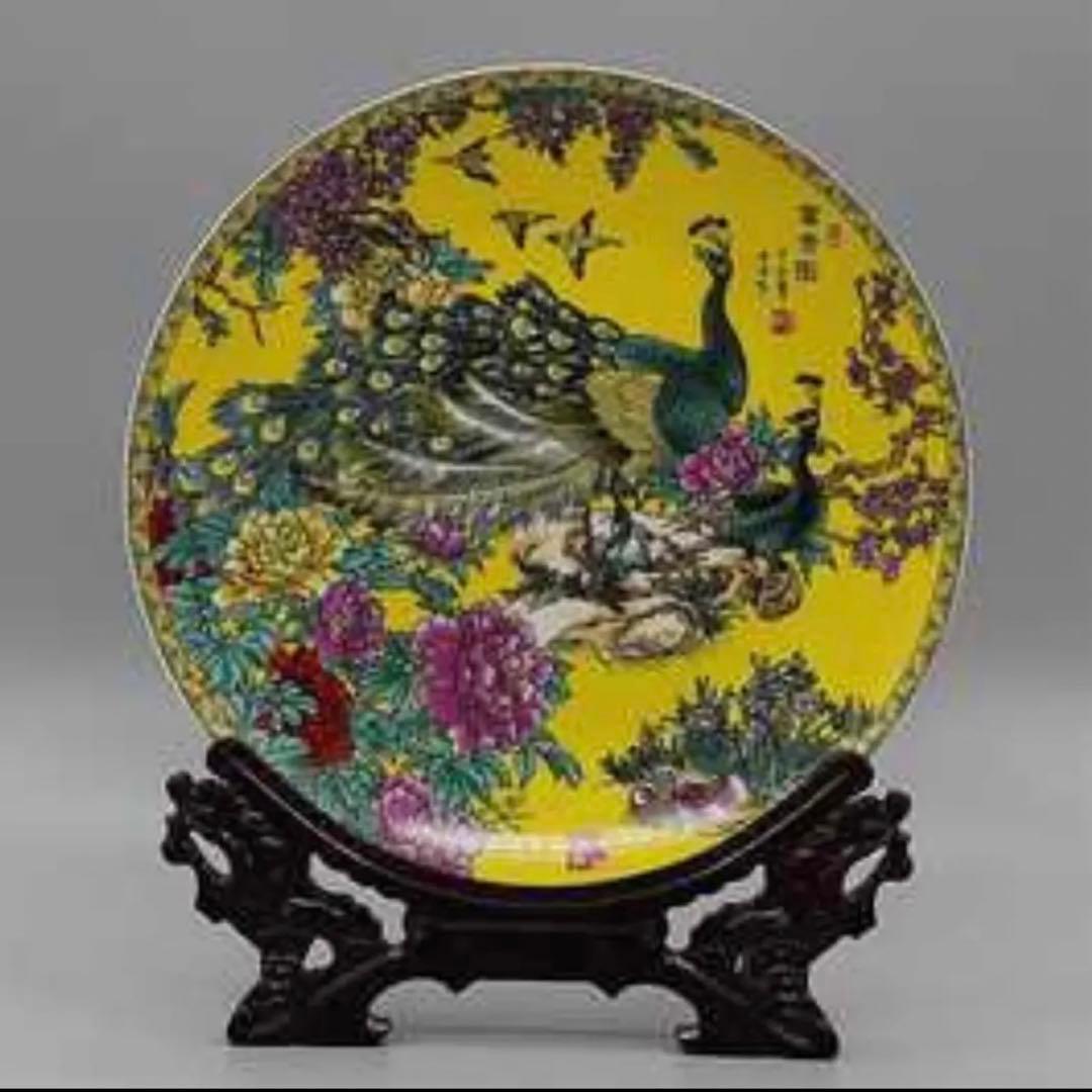 中国骨董　大清王朝　景徳鎮製宮廷御用達富貴図大皿　皿立て付き　縁起物