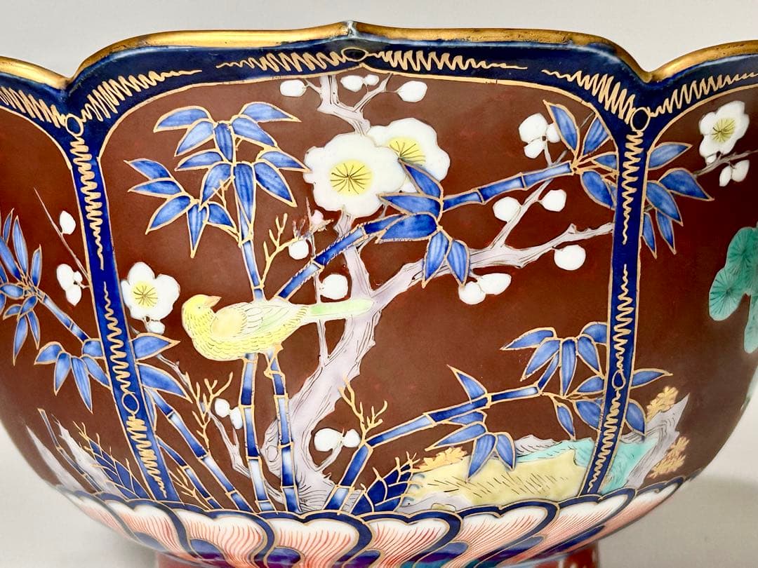 明治 香蘭社 染錦褐地三友鳳凰文輪花鉢 ブラックホーソン