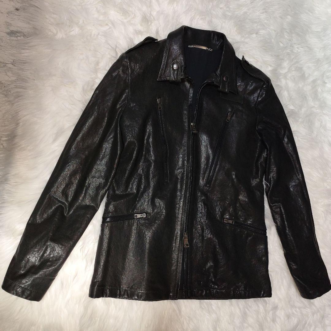 AKM　黒ラムレザー （羊革）シングルライダースジャケット・ラムレザージャケット