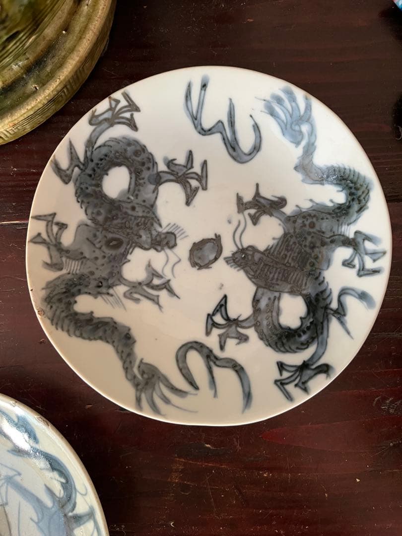 中国骨董　明代 青花 染付 龍紋皿 ショウ州 呉州染付 スワトウ 古染付 6寸皿