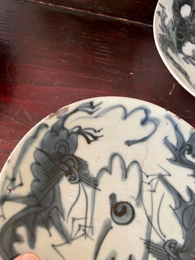 中国骨董　明代 青花 染付 龍紋皿 ショウ州 呉州染付 スワトウ 古染付 6寸皿