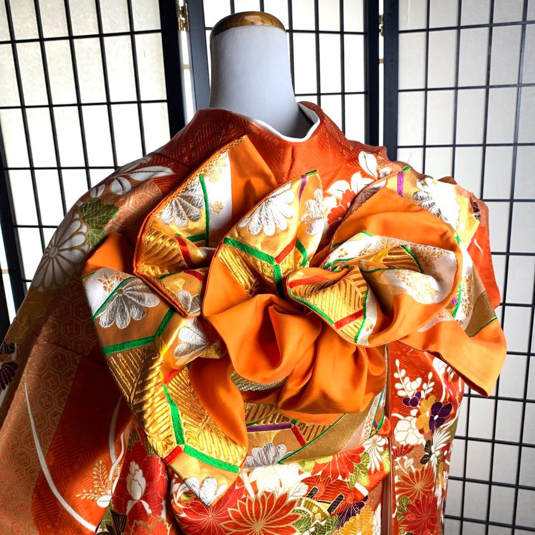 s*m様 【美品】振袖　正絹100% 5点　フルセット　身丈159cm 花車　橙