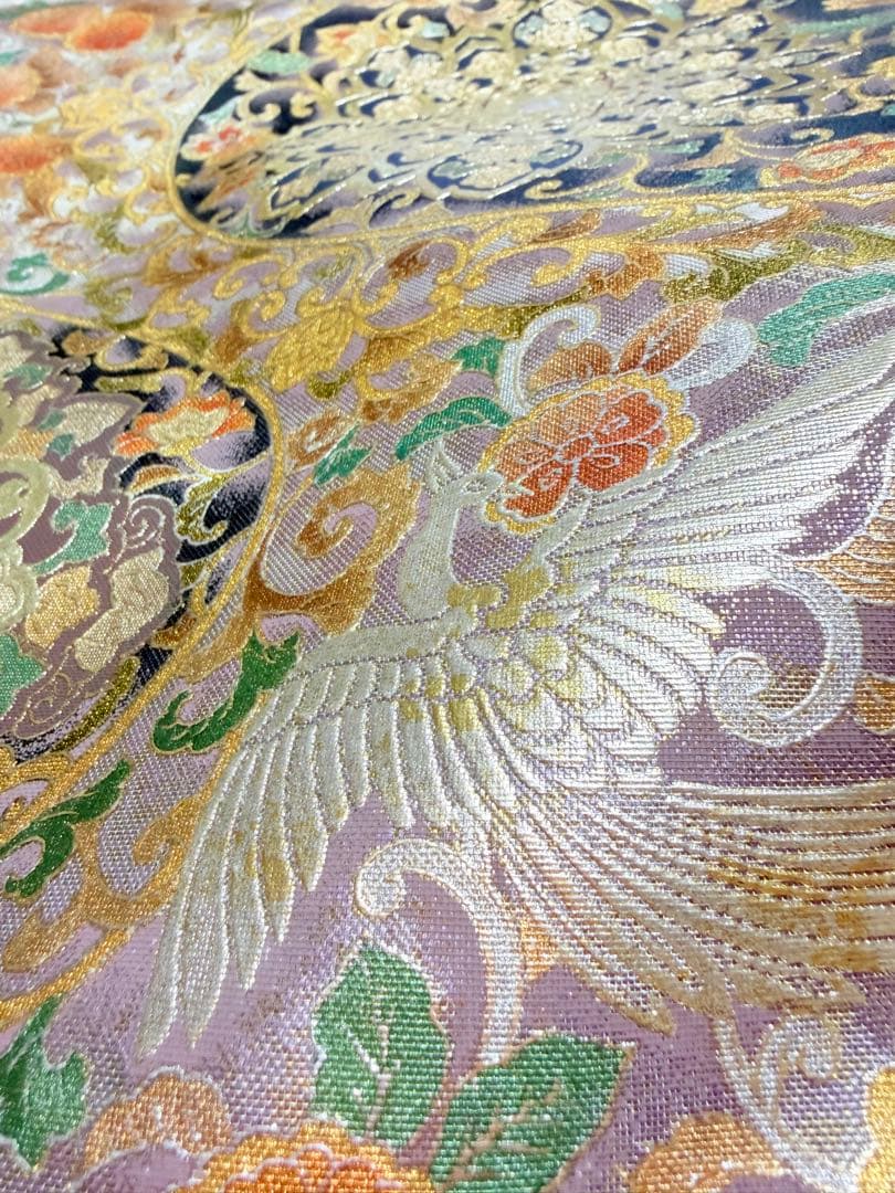 高級 袋帯 正絹 お太鼓柄 シルバー 金彩加工 花文様 ラメ 訪問着 付け下げ