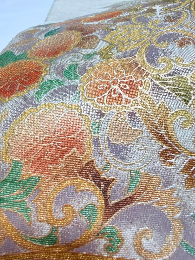 高級 袋帯 正絹 お太鼓柄 シルバー 金彩加工 花文様 ラメ 訪問着 付け下げ