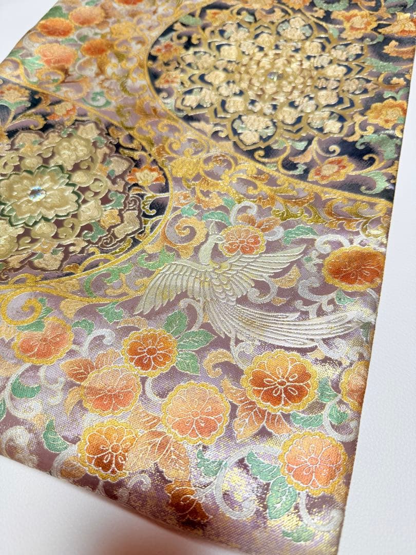 高級 袋帯 正絹 お太鼓柄 シルバー 金彩加工 花文様 ラメ 訪問着 付け下げ