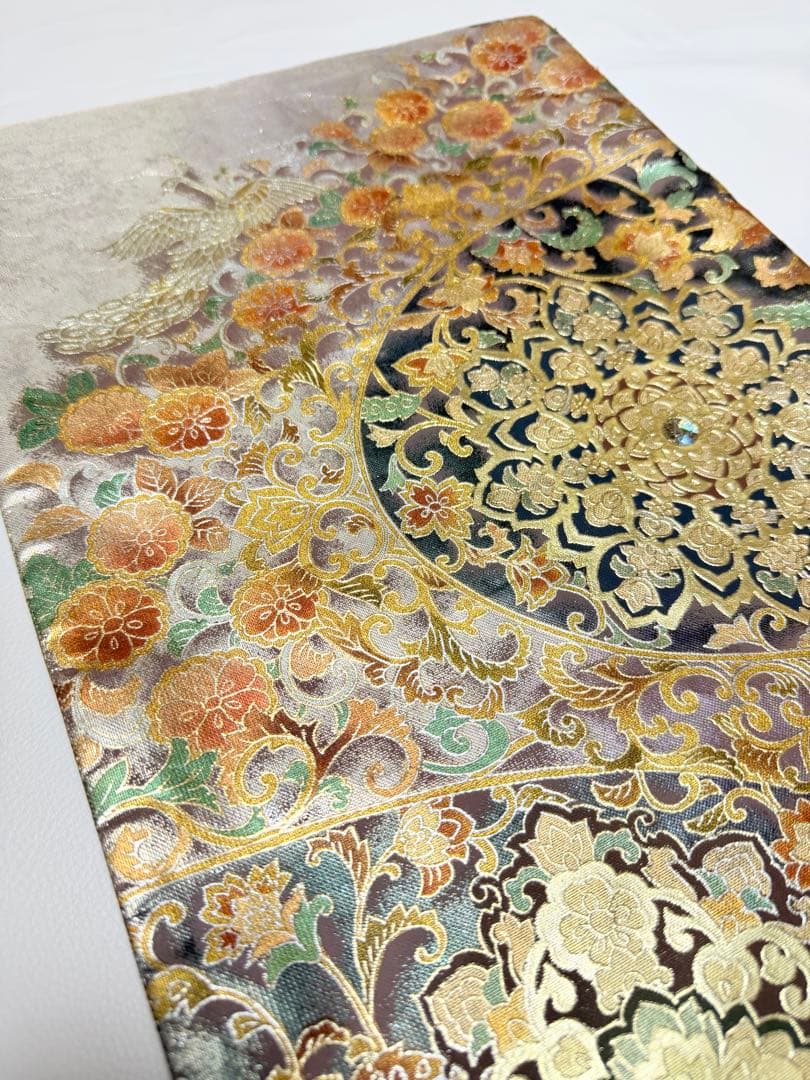 高級 袋帯 正絹 お太鼓柄 シルバー 金彩加工 花文様 ラメ 訪問着 付け下げ