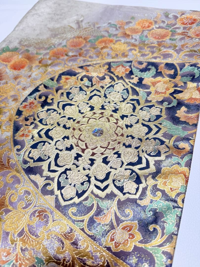 高級 袋帯 正絹 お太鼓柄 シルバー 金彩加工 花文様 ラメ 訪問着 付け下げ