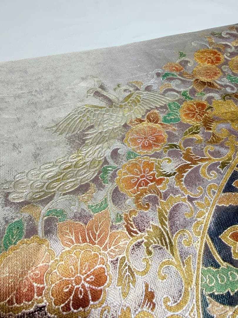 高級 袋帯 正絹 お太鼓柄 シルバー 金彩加工 花文様 ラメ 訪問着 付け下げ