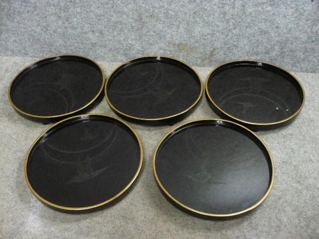 黒塗 金縁 月夜ガラス 足付き 銘々盆 5枚 [B31445]