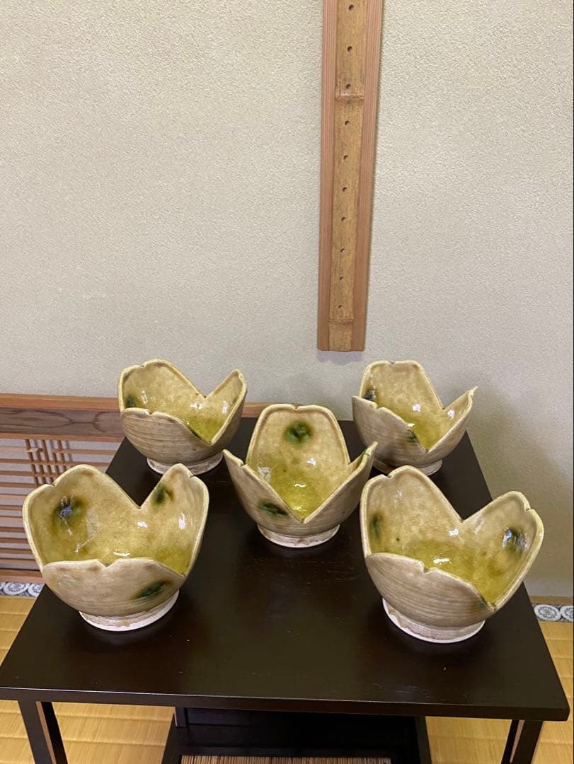 茶道具/向附 割山椒 黄瀬戸５客揃　加藤作助 作 小鉢 銘々皿 共箱