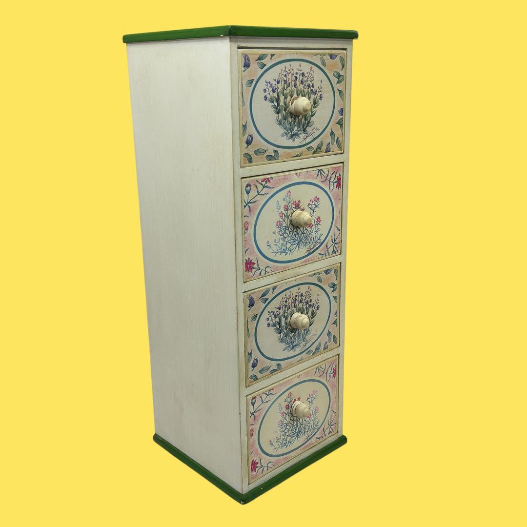 トールペイント 花柄 アンティーク家具 4段木製 スリムチェスト