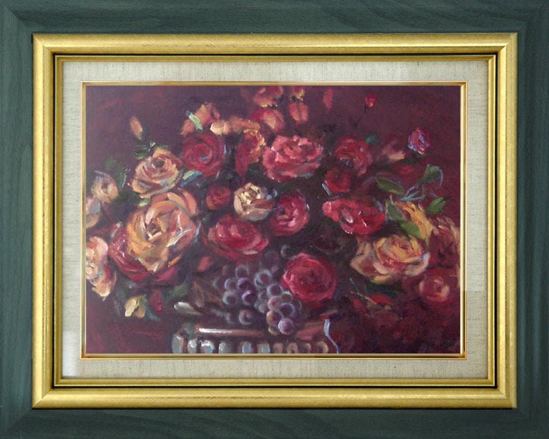 油絵 菅家令子 絵画インテリア額付(青緑＋金色の枠) uF6-113802 ばら