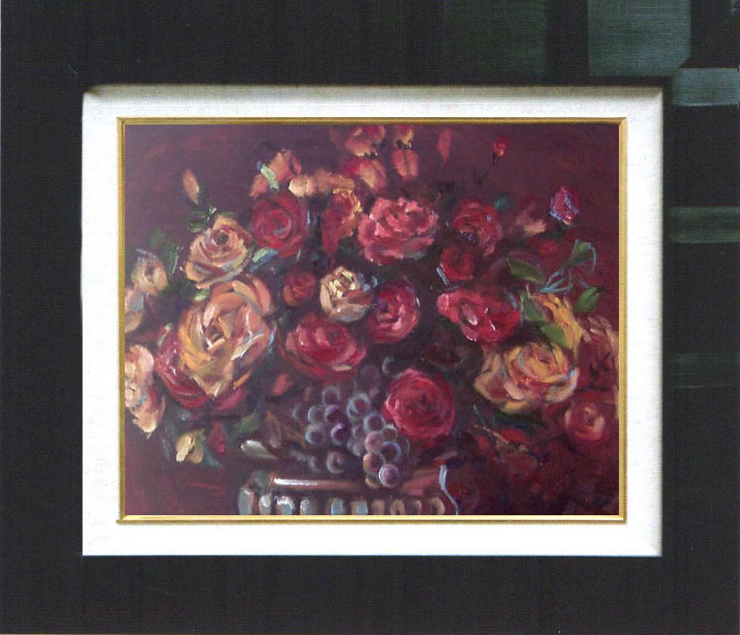 油絵 菅家令子 絵画インテリア額付(青緑＋金色の枠) uF6-113802 ばら