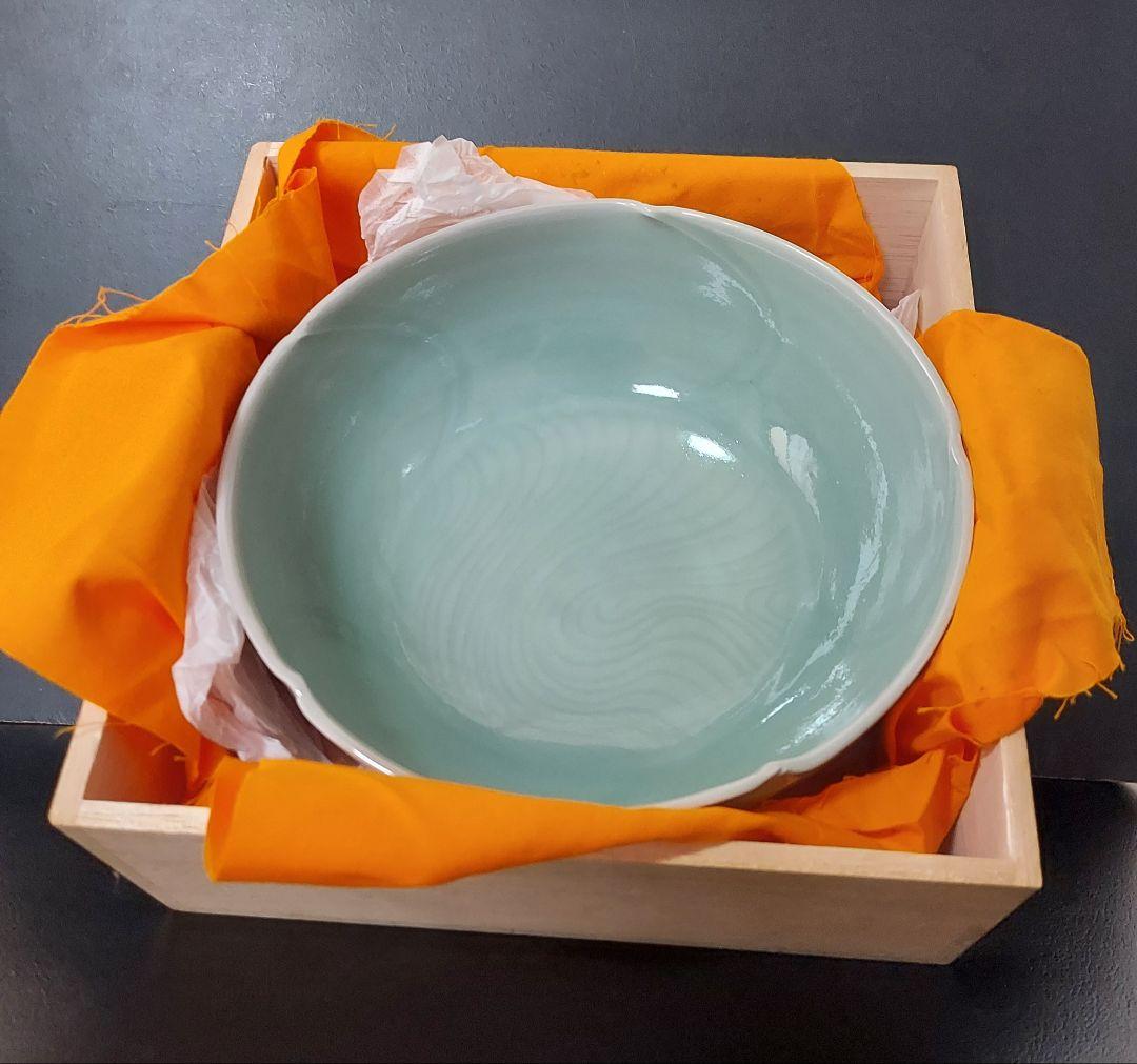 万岳窯 木村岳史作 青磁 「輪花鉢」木箱付 径20cm 高8cm 信州松本