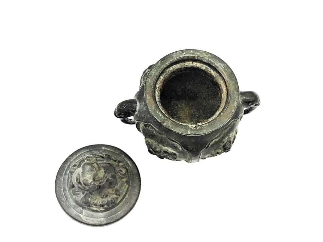 【 唐銅携行香炉 】　獅子蓋双耳三つ足　明～清古玩