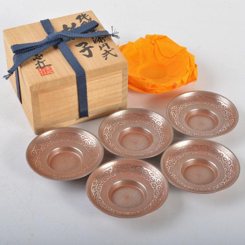 煎茶道具　吉村志扛造　純錫赤漆円式　托子　茶托　五客　共箱　M　R4708