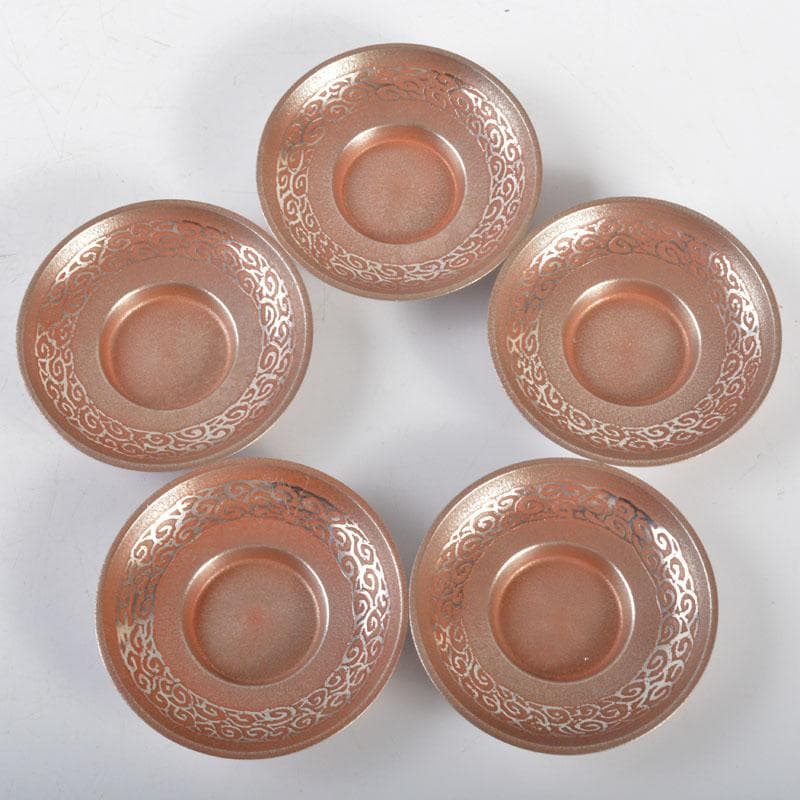 煎茶道具　吉村志扛造　純錫赤漆円式　托子　茶托　五客　共箱　M　R4708