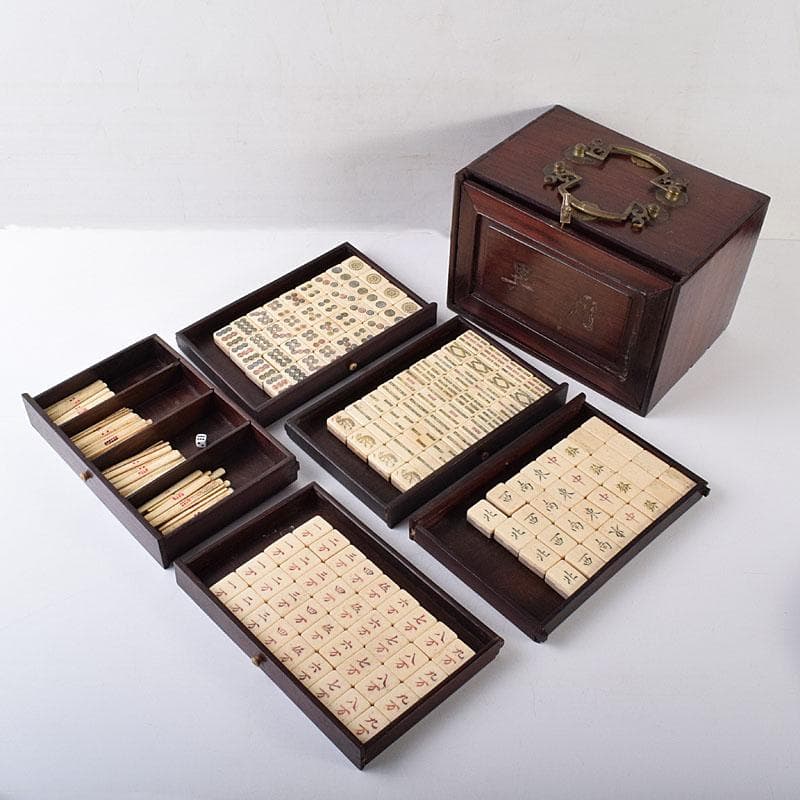 中国　竹嵌　骨牌　背竹牌　麻雀牌　唐木箱付　M　8054