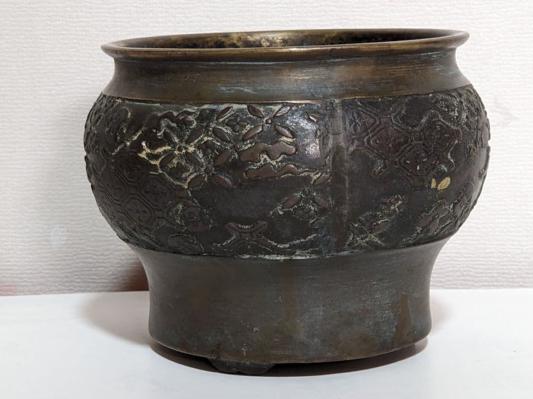 ♦分銅 花卉図紋香炉 唐金 江戸 幕末 文化文政コレクション骨董品アンティーク